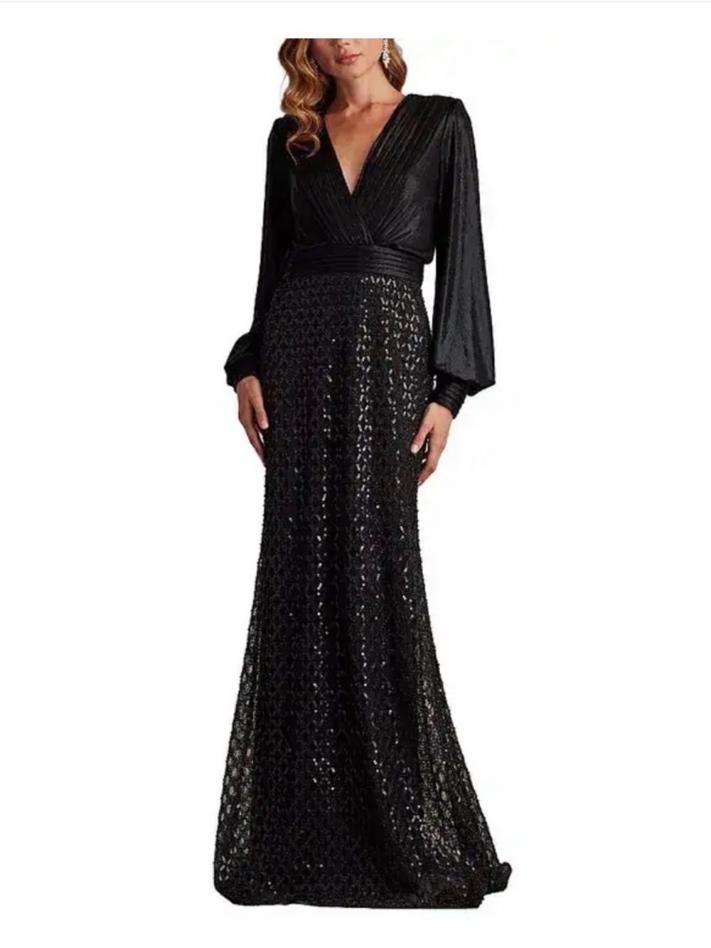 Tadashi Shoji Black Lace Pleated Long Sleeve Evening Gown NWT Size 14